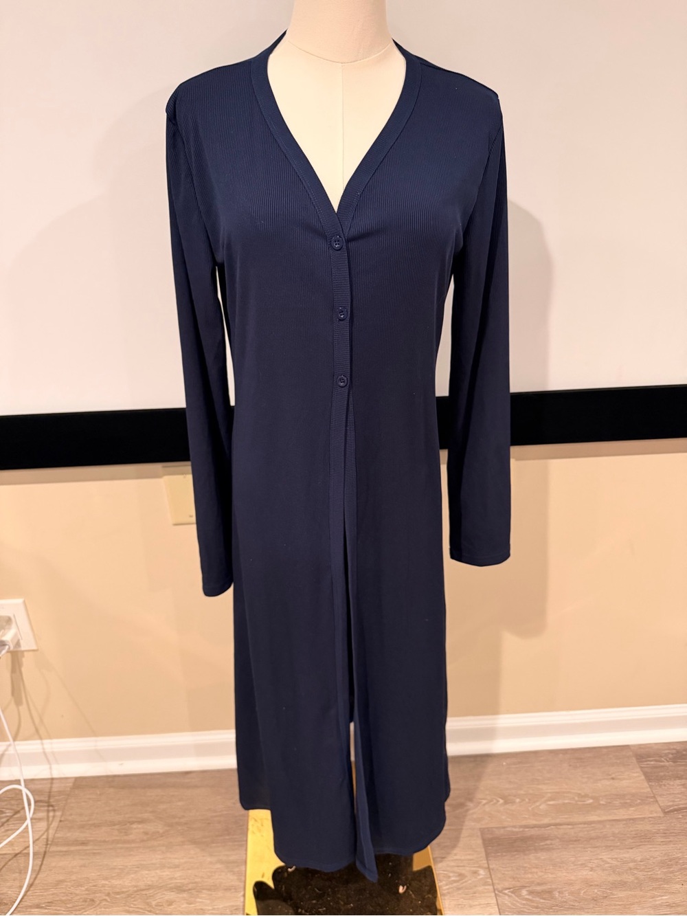 Navy Long Button-Front Robe Cardigan - Picture 2 of 6